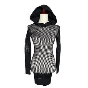 Pink Lipstick Seamless Fishnet Mesh Hoodie Mini Dress Womens M/L Black Goth Punk